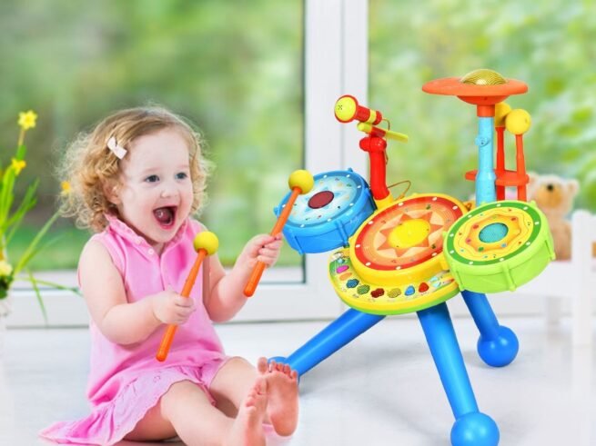 2 in 1 Electronic Drum Set for Children Microphone and Stool