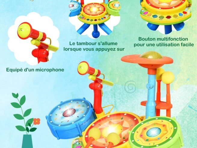 2 in 1 Electronic Drum Set for Children Microphone and Stool