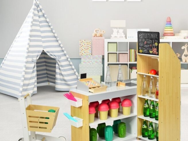 Wooden Shopping Set Toy with Supermarket Cashier Imitation Game