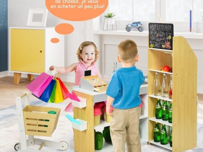 Wooden Shopping Set Toy with Supermarket Cashier Imitation Game