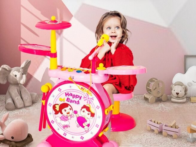 3 in 1 Kid's Electronic Drum Stool Microphone LED Lights MP3 Recording/Playback