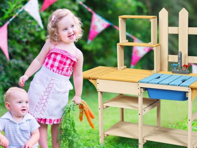Outdoor Children's Kitchen with Stimulated Tap Shelves Removable Panel