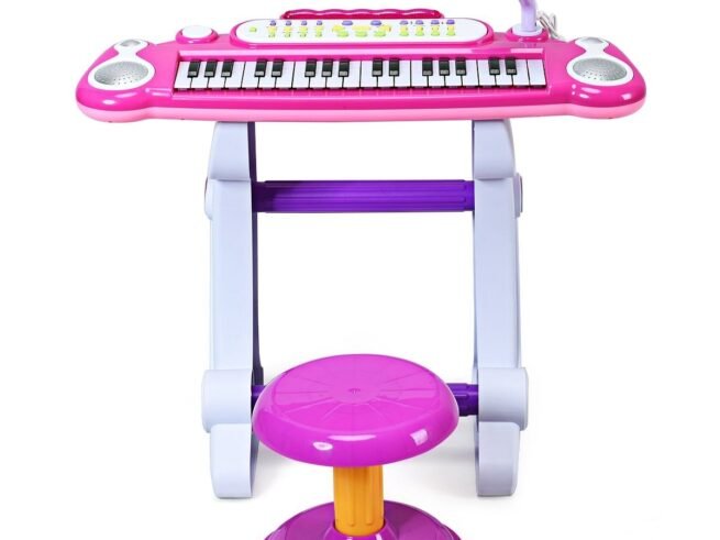 Electronic Piano Keyboard 37 Keys Stool and Microphone Pink