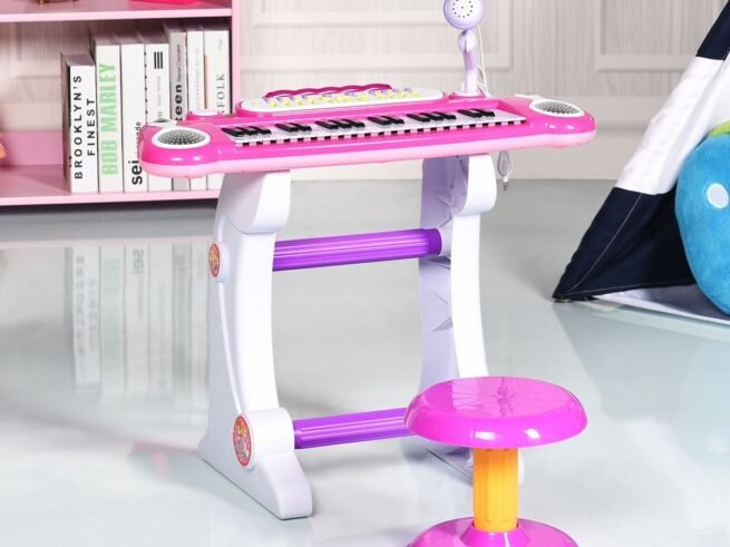 Electronic Piano Keyboard 37 Keys Stool and Microphone Pink