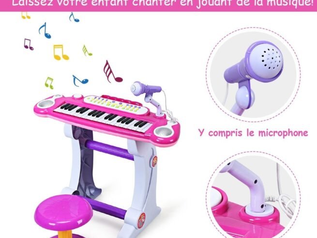 Electronic Piano Keyboard 37 Keys Stool and Microphone Pink