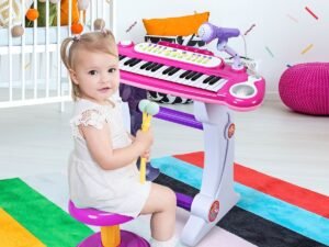 Electronic Piano Keyboard 37 Keys Stool and Microphone Pink