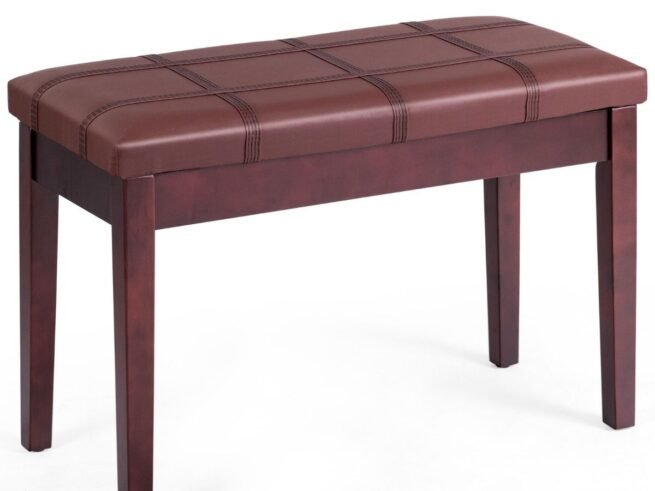 Piano Bench with Striped Cushion Padded PU Leather Storage Compartment