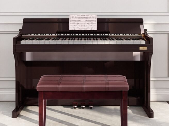 Piano Bench with Striped Cushion Padded PU Leather Storage Compartment