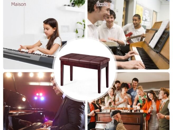 Piano Bench with Striped Cushion Padded PU Leather Storage Compartment