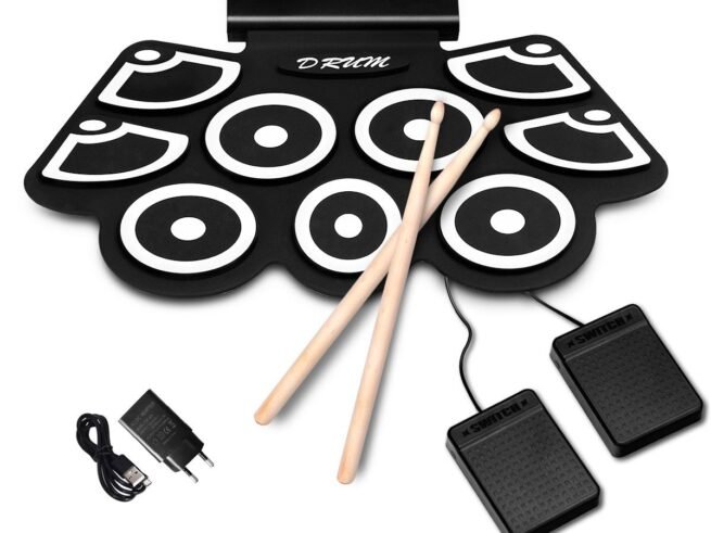 Portable Electronic Drums Roll Up with Pedals and Drumsticks Bluetooth Function