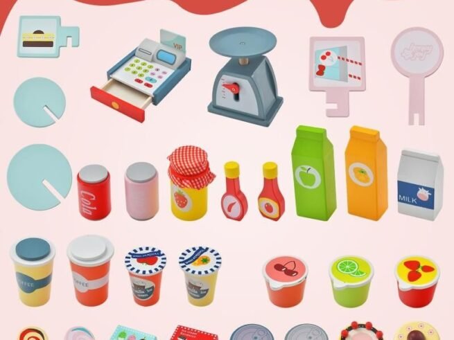 Wooden Children's Grocery Store 30 PCS Accessories Cute Food Pattern