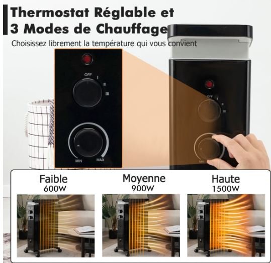 Oil Electric Radiator Space Heater 1500W 3 Adjustable Heats Dryer Double Protection