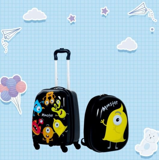 Children's Suitcase on Wheels 16'' + 12'' Backpack Luggage Set Little Monster