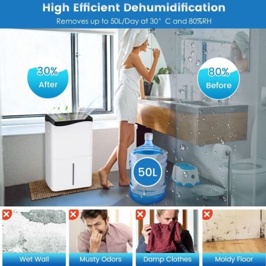 Portable 50L/Day Dehumidifier with App and Wifi 5L Water Tank 60 ㎡