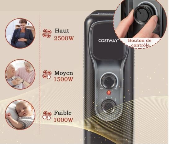 Oil Electric Radiator Space Heater 2500W 3 Power 11 Elements Adjustable Thermostat