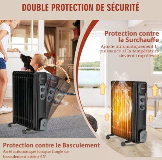 Oil Electric Radiator Space Heater 2500W 3 Power 11 Elements Adjustable Thermostat