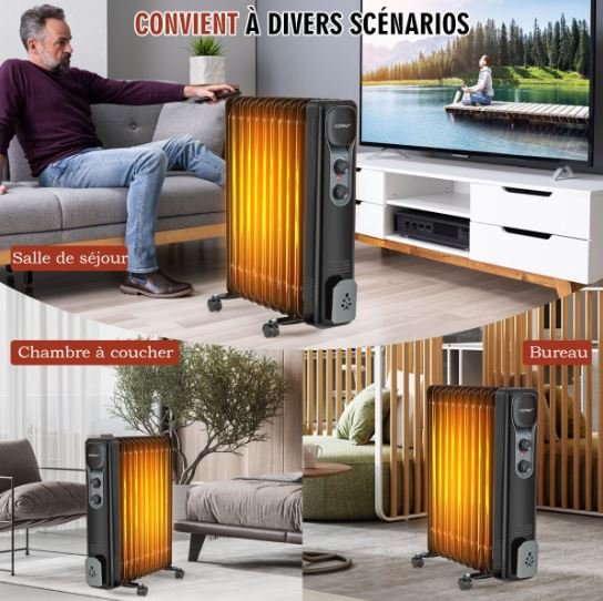 Oil Electric Radiator Space Heater 2500W 3 Power 11 Elements Adjustable Thermostat