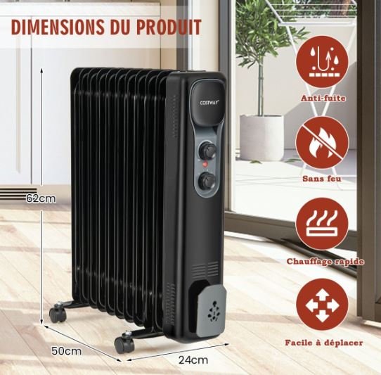 Oil Electric Radiator Space Heater 2500W 3 Power 11 Elements Adjustable Thermostat