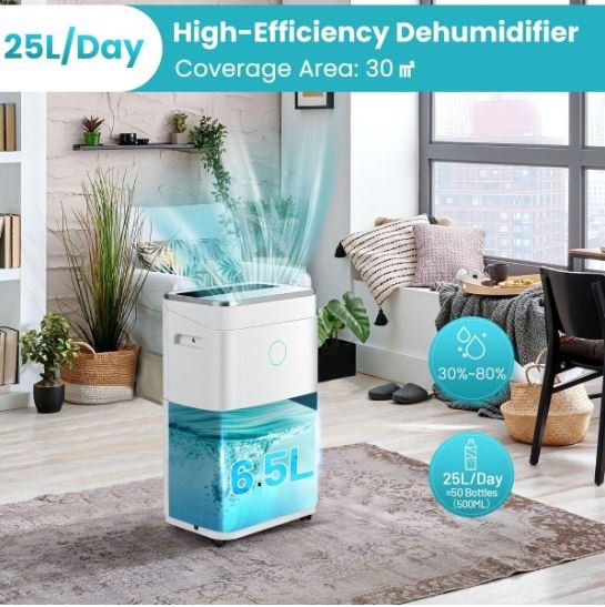 Portable Dehumidifier 25L/Day 30m2 with 6.5L Tank 24H Timer