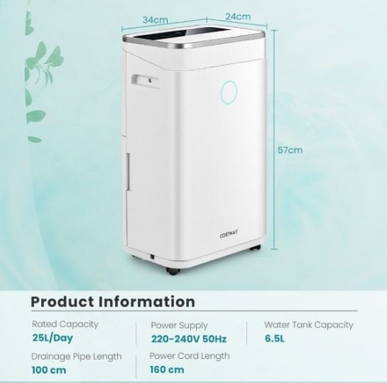 Portable Dehumidifier 25L/Day 30m2 with 6.5L Tank 24H Timer