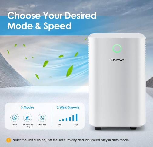 Dehumidifier 14L/Day 2L Water Tank 24H Timer 3 Modes 2 Speeds Automatic