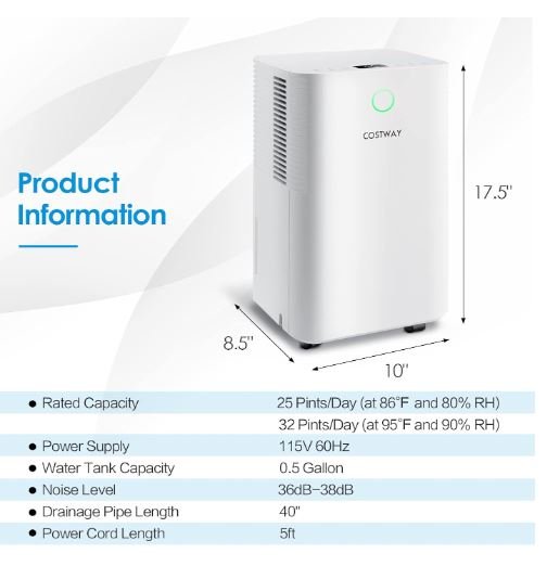 Dehumidifier 14L/Day 2L Water Tank 24H Timer 3 Modes 2 Speeds Automatic