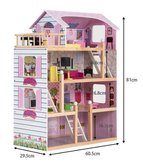 Wooden Doll House 4-Story Villa Dream Dollhouse with Accessories