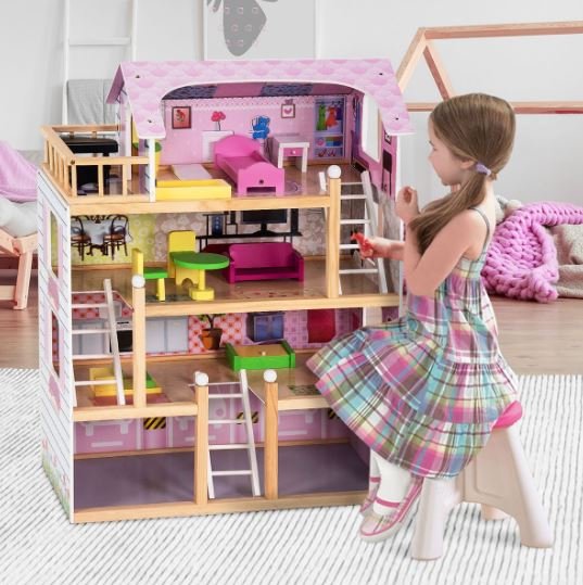 Wooden Doll House 4-Story Villa Dream Dollhouse with Accessories