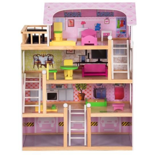 Wooden Doll House 4-Story Villa Dream Dollhouse with Accessories