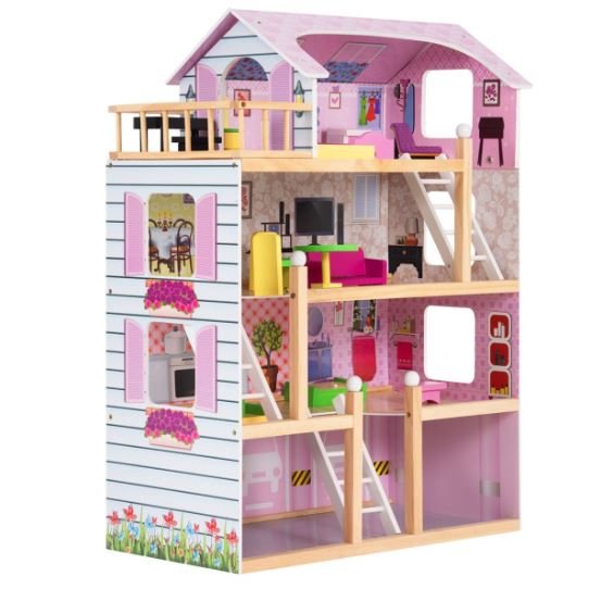 Wooden Doll House 4-Story Villa Dream Dollhouse with Accessories