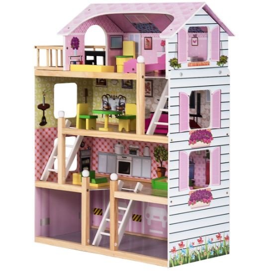 Wooden Doll House 4-Story Villa Dream Dollhouse with Accessories
