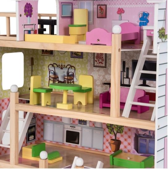 Wooden Doll House 4-Story Villa Dream Dollhouse with Accessories