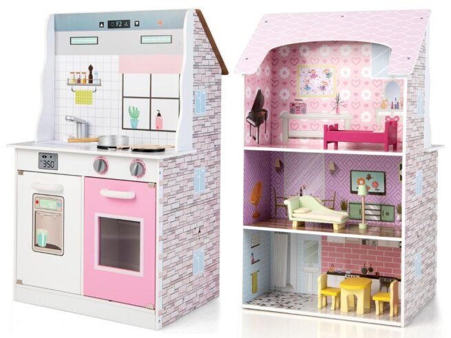 2 in 1 Dolls House with Kitchen 9 Accessories Playhouse
