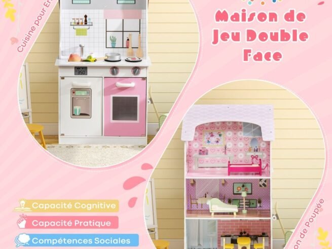 2 in 1 Dolls House with Kitchen 9 Accessories Playhouse