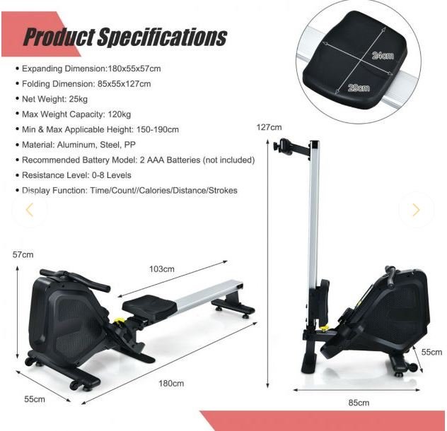 Magnetic Rowing Machine 8-Level Resistance 2 Flexible Wheels LCD Screen