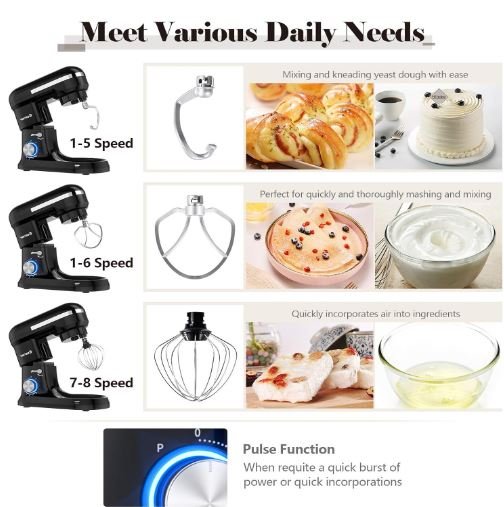 Food Processor 1300W Stand Mixer 4.5L Stainless Steel Bowl 8 Adjustable Speeds