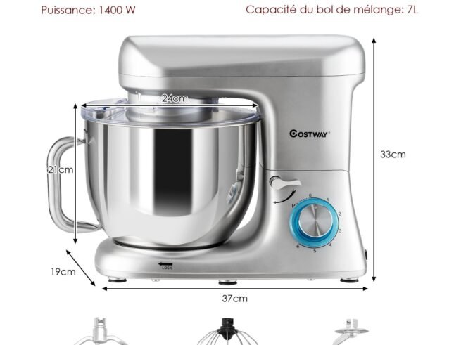 Food Processor Mixer 1400w 7L Stainless Steel Bowl 6 Adjustable Speeds Silver