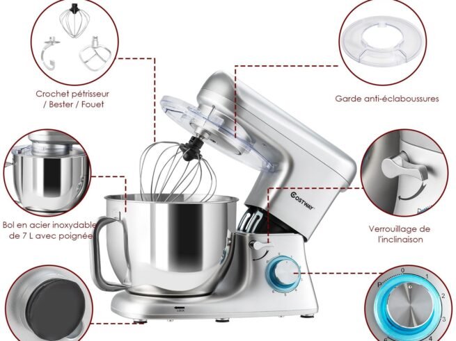 Food Processor Mixer 1400w 7L Stainless Steel Bowl 6 Adjustable Speeds Silver