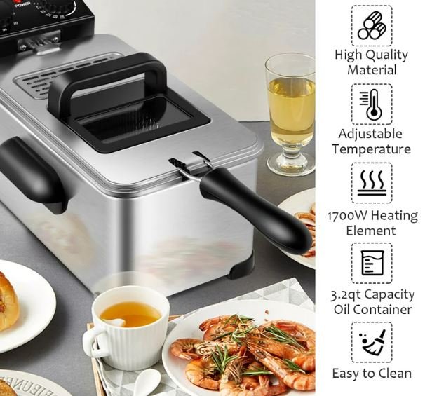 Fryer in Stainless Steel 3.5L 2000W Adjustable Temperature and Timer