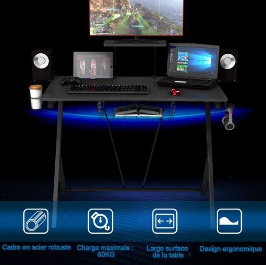 Gaming Desk for Gamer Black High Quality Steel Frame 106 x 59.5 x 101.5 CM