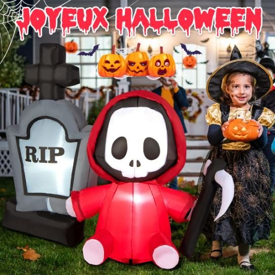 Inflatable Halloween Ghost Holding Sickle Tombstone LED Lights 150cm