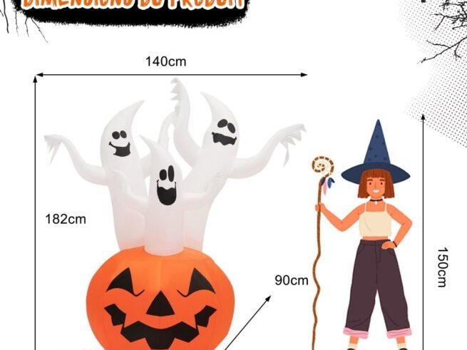 Halloween Inflatable 3 Ghosts with Pumpkin Decoration Colorful Rotating Lights 182cm