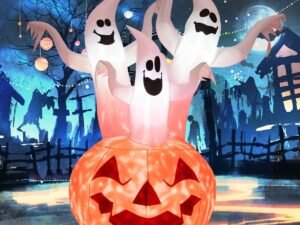 Halloween Inflatable 3 Ghosts with Pumpkin Decoration Colorful Rotating Lights 182cm