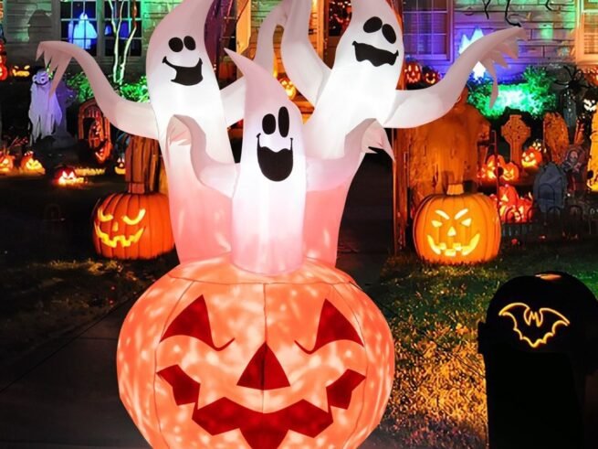 Halloween Inflatable 3 Ghosts with Pumpkin Decoration Colorful Rotating Lights 182cm
