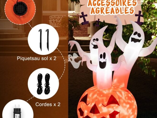 Halloween Inflatable 3 Ghosts with Pumpkin Decoration Colorful Rotating Lights 182cm