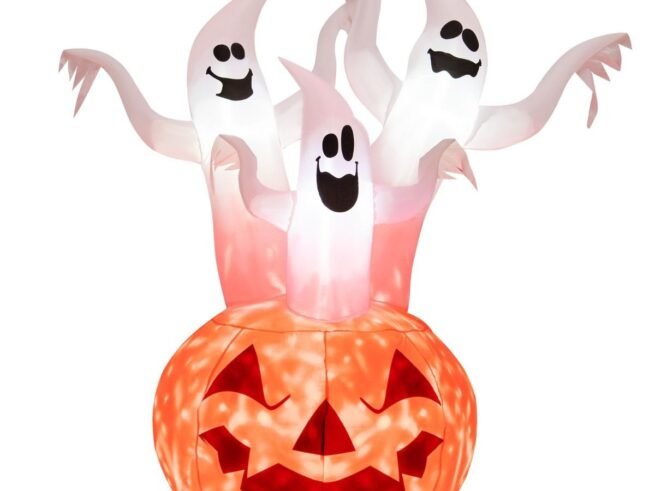 Halloween Inflatable 3 Ghosts with Pumpkin Decoration Colorful Rotating Lights 182cm
