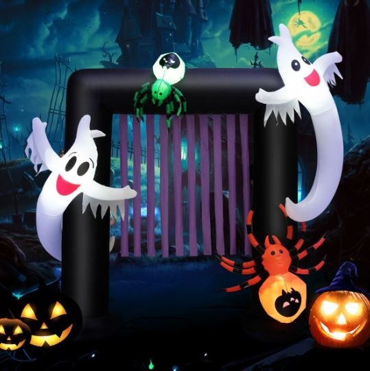 Inflatable Halloween Arch 2 Haunted Ghosts and 2 Spiders LED Light