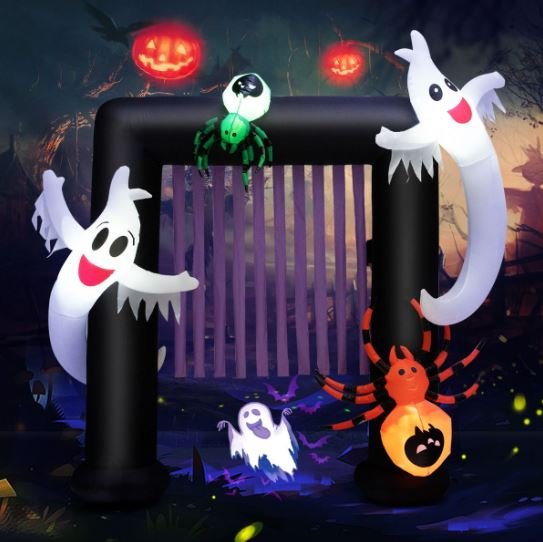 Inflatable Halloween Arch 2 Haunted Ghosts and 2 Spiders LED Light