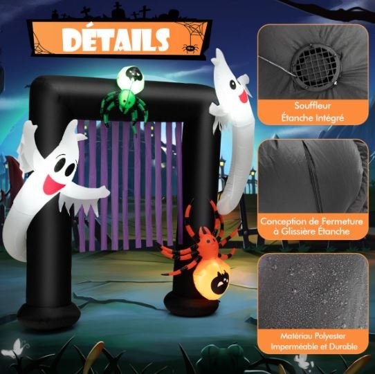 Inflatable Halloween Arch 2 Haunted Ghosts and 2 Spiders LED Light