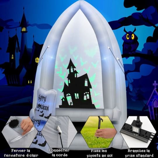 2.1M Inflatable Halloween Decoration Tombstone/Castles with Bat Projection Lights